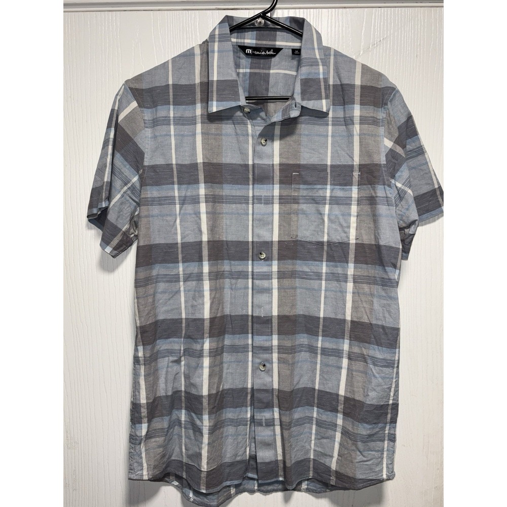 Travis Mathew Men's Short Sleeve Plaid Gray Button-Down Shirt Size Medium